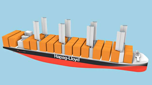 Die Visualisierung zeigt das von Hapag-Lloyd und weiteren Projektpartnern in einer Konzeptstudie erdachte 4.500-TEU-Containerschiff mit Methanol-Dual-Fuel-Hauptmotor und einem windunterstützten Antriebssystem (Wind Assisted Ship Propulsion, kurz WASP).